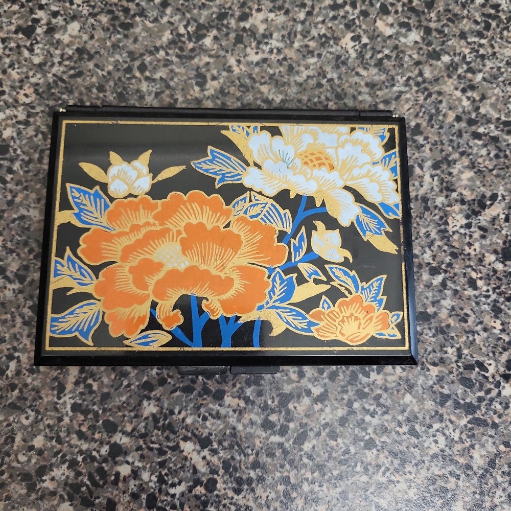 VTG Japanese Style Black Lacquer Floral Trinket Jewelry Box Mirror 6 Compartment